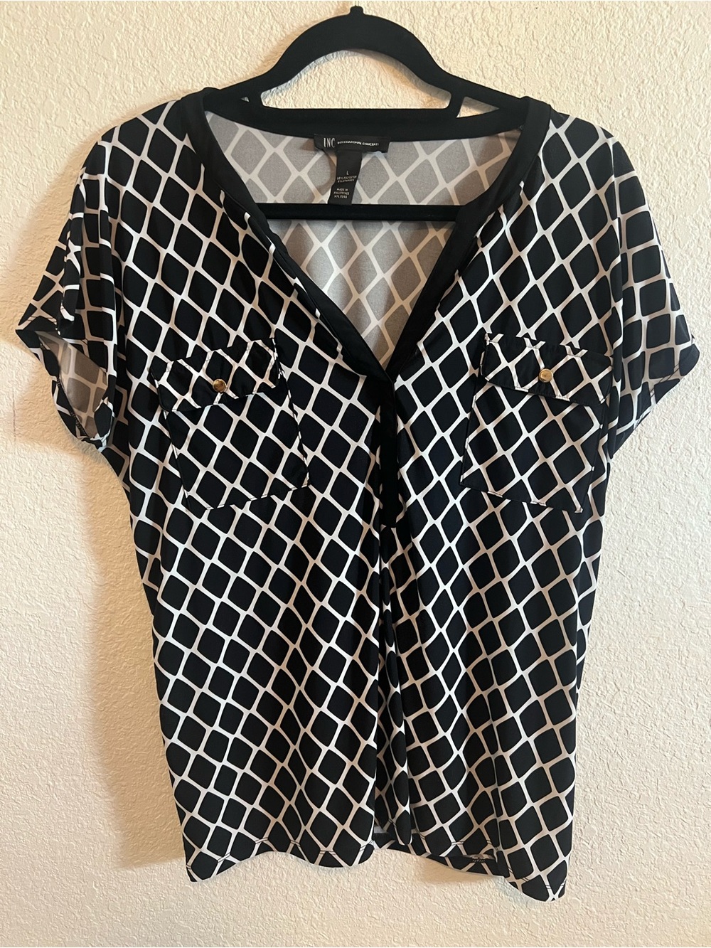 INC International Concepts Black and White Geometric V-Neck Blouse